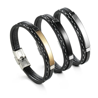 Fashion Geometric Stainless Steel Pu Leather Patchwork Unisex Bangle