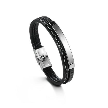 Fashion Geometric Stainless Steel Pu Leather Patchwork Unisex Bangle