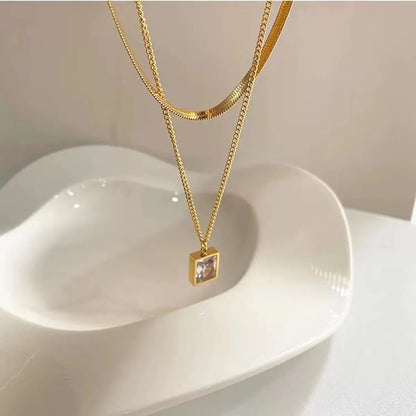 Fashion Geometric Titanium Steel Inlay Zircon Layered Necklaces 1 Piece