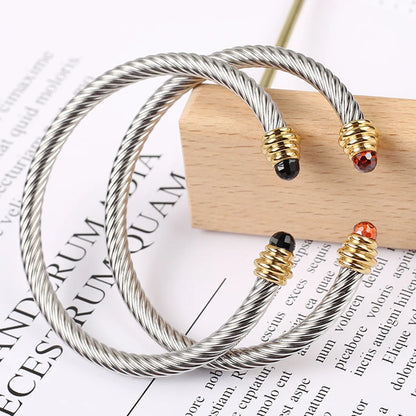 Fashion Geometric Titanium Steel Plating Artificial Crystal Bangle