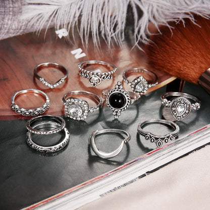 Fashion Geometric Water Drop Diamond Glass Crystal Moon Crown 11 Piece Set Ring