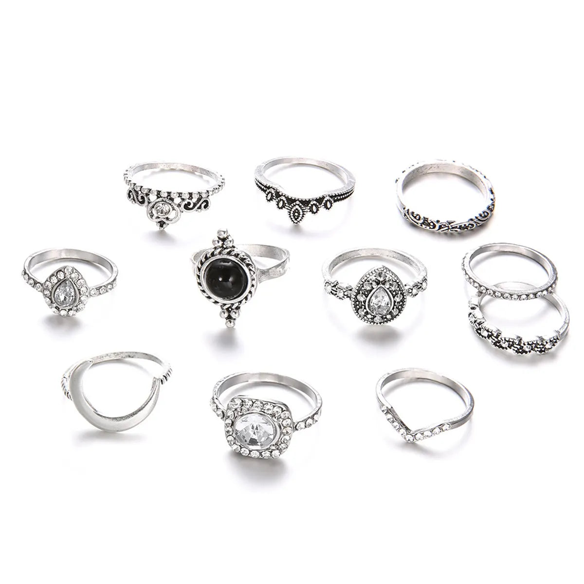 Fashion Geometric Water Drop Diamond Glass Crystal Moon Crown 11 Piece Set Ring