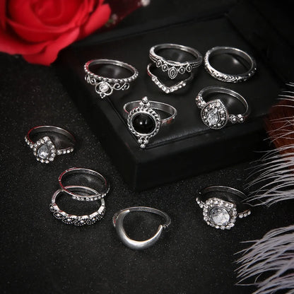 Fashion Geometric Water Drop Diamond Glass Crystal Moon Crown 11 Piece Set Ring