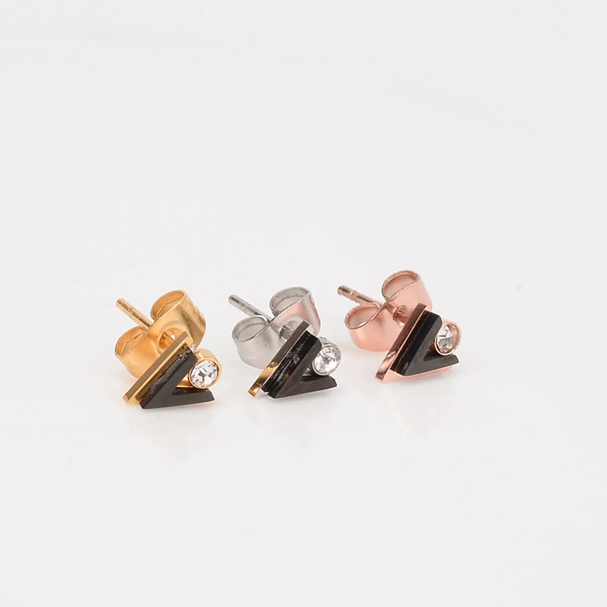 Fashion Geometric Zircon Black Triangle Rose Gold Titanium Steel Earrings Wholesale