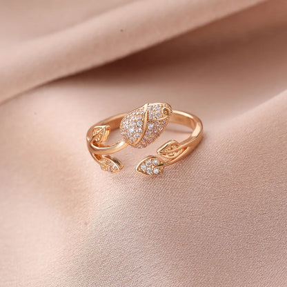 Fashion Geometric Zircon Flower Leaves Copper Opening Adjustable Ring