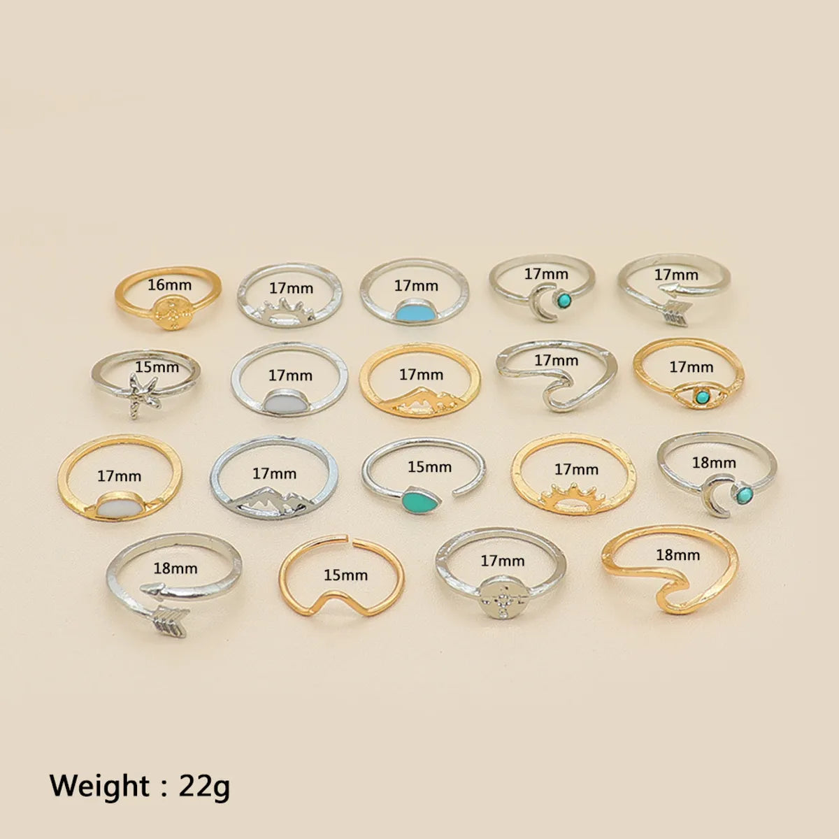 Fashion Gold And Silver Opening Turquoise Sun Fishtail Starfish Arrow Knuckle Ring Set 19 Pieces