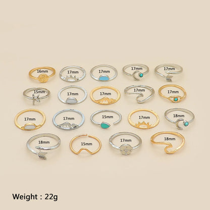 Fashion Gold And Silver Opening Turquoise Sun Fishtail Starfish Arrow Knuckle Ring Set 19 Pieces