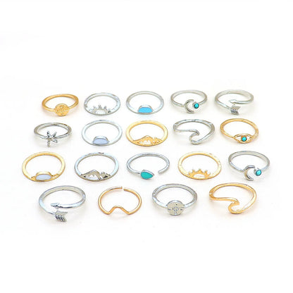 Fashion Gold And Silver Opening Turquoise Sun Fishtail Starfish Arrow Knuckle Ring Set 19 Pieces