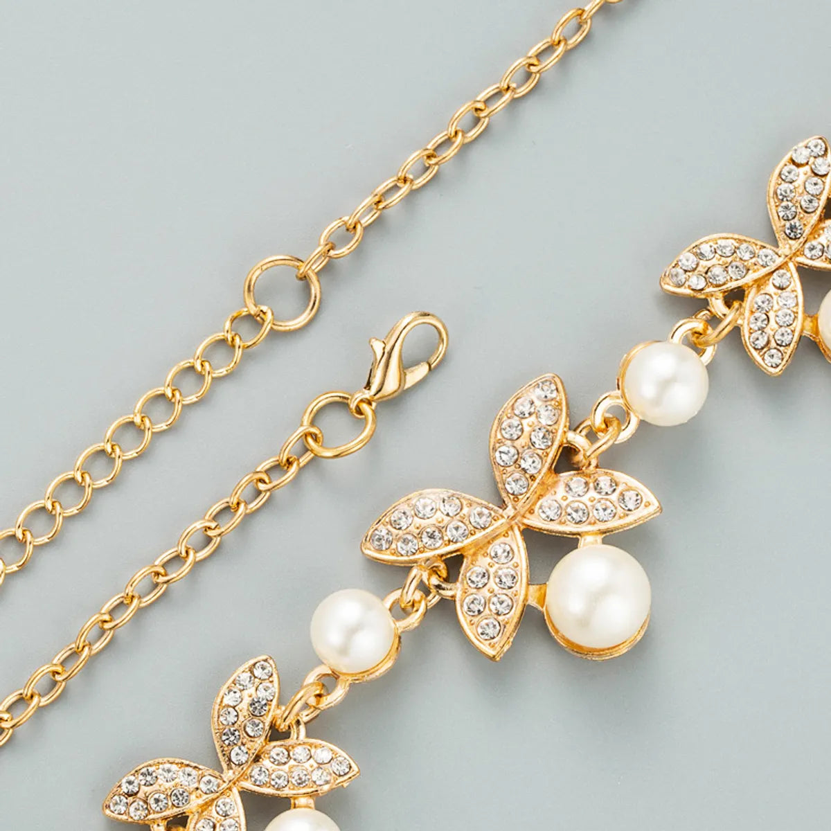 Fashion Golden Leaf Butterfly Inlaid Pearl Rhinestone Earrings Necklace Set