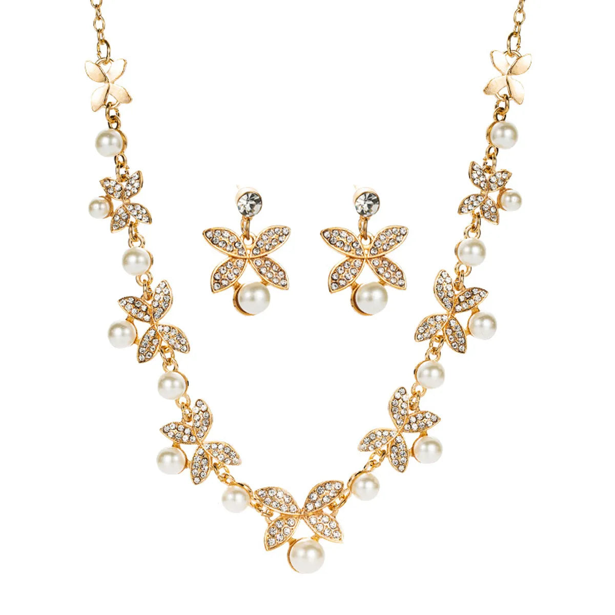 Fashion Golden Leaf Butterfly Inlaid Pearl Rhinestone Earrings Necklace Set