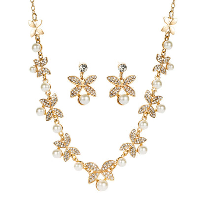 Fashion Golden Leaf Butterfly Inlaid Pearl Rhinestone Earrings Necklace Set