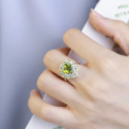 Fashion Green Peridot Ring Micro-inlaid Peridot Color Treasure Open Copper Ring Female