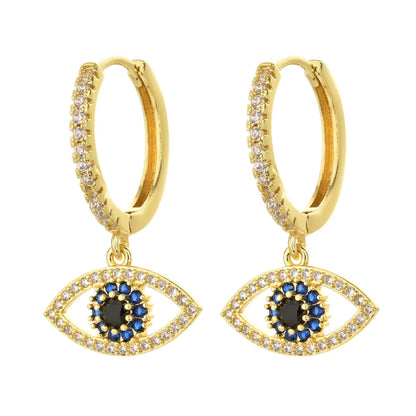 Fashion Heart Devil Eye Plated 14k Real Gold Zircon Pearl Copper Earrings