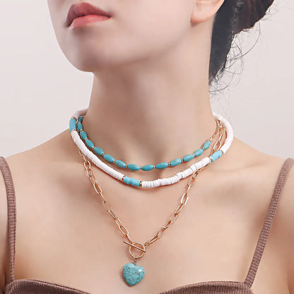 Fashion Heart Shape Alloy Beaded Plating Layered Necklaces