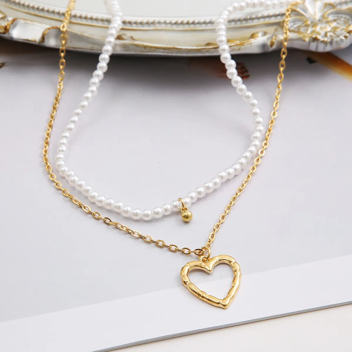 Fashion Heart Shape Alloy Plating Artificial Pearls Layered Necklaces