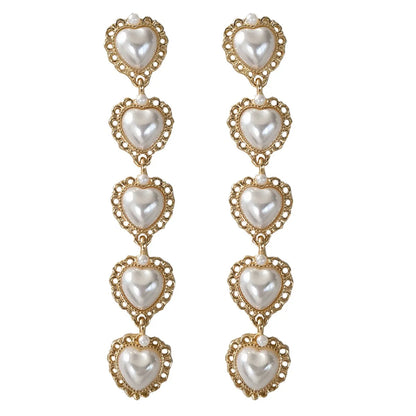 Fashion Heart Shape Alloy Plating Inlay Artificial Pearls Drop Earrings