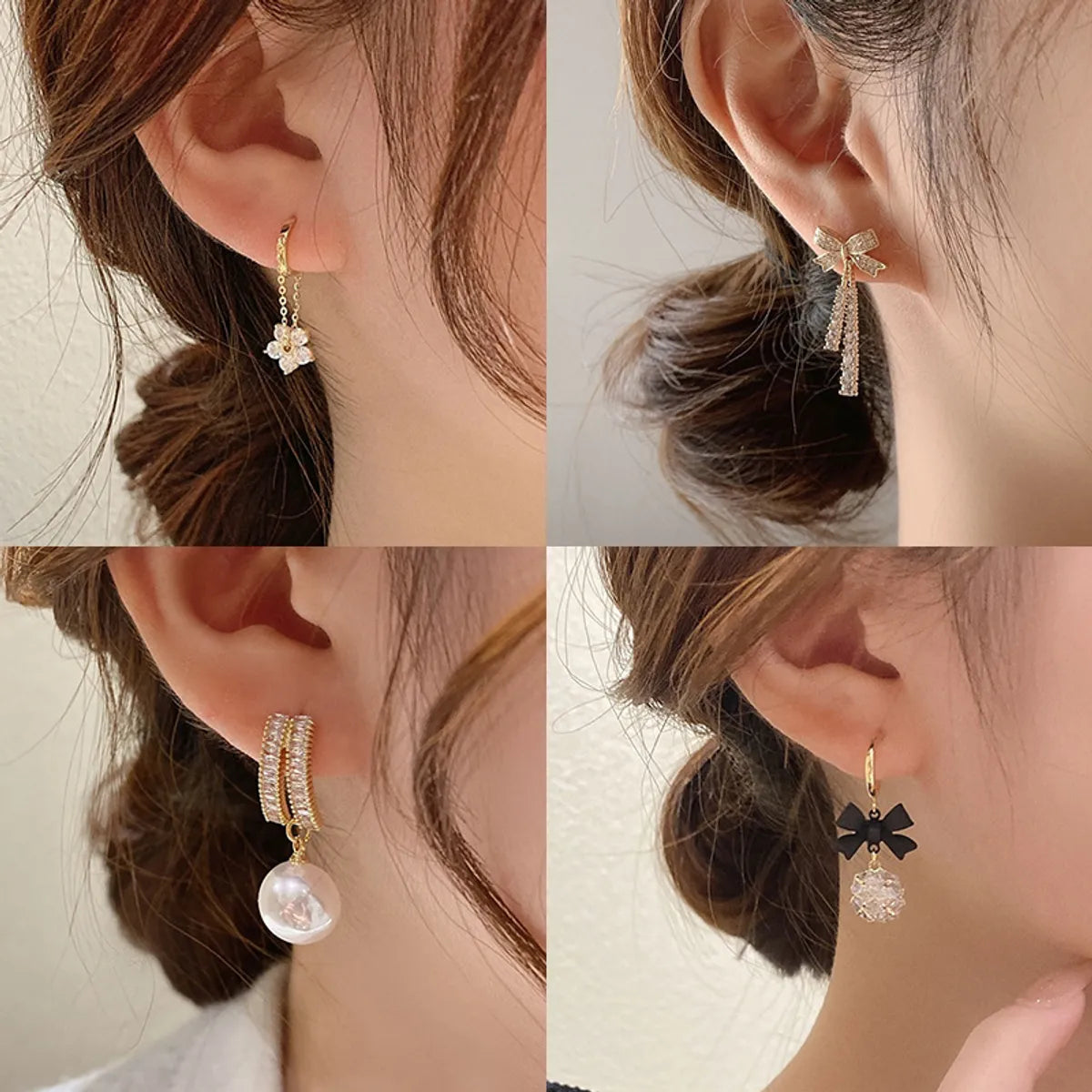 1 Pair Fashion Heart Shape Bow Knot Inlay Copper Artificial Pearls Zircon Earrings