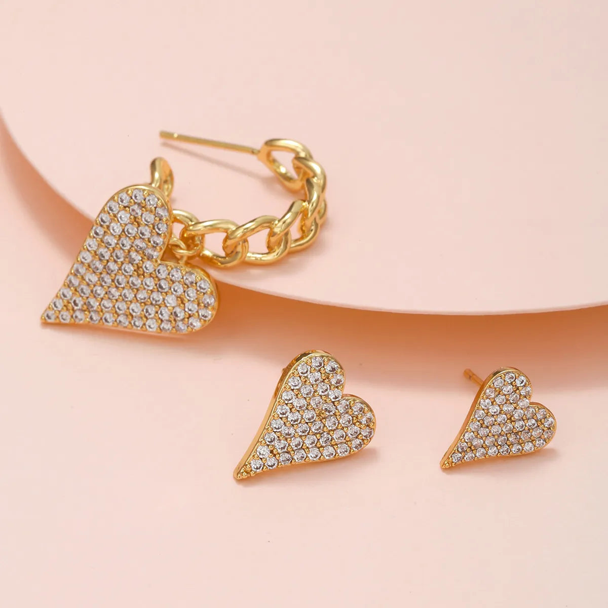 Fashion Heart Shape Brass Ear Studs Gem Copper Earrings 3 Piece Set