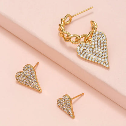 Fashion Heart Shape Brass Ear Studs Gem Copper Earrings 3 Piece Set