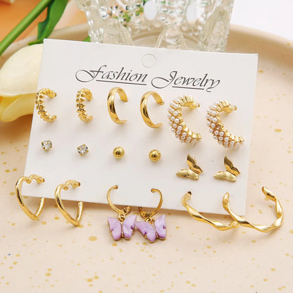 Fashion Heart Shape Butterfly Alloy Plating Inlay Rhinestones Pearl Women's Earrings 1 Set