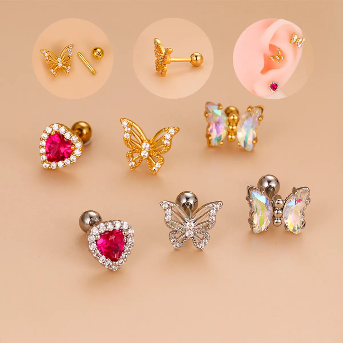 1 Piece Fashion Heart Shape Butterfly Hollow Out Inlay Stainless Steel Copper Zircon Ear Studs