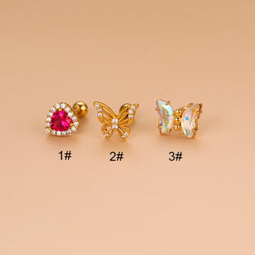 1 Piece Fashion Heart Shape Butterfly Hollow Out Inlay Stainless Steel Copper Zircon Ear Studs