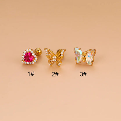 1 Piece Fashion Heart Shape Butterfly Hollow Out Inlay Stainless Steel Copper Zircon Ear Studs