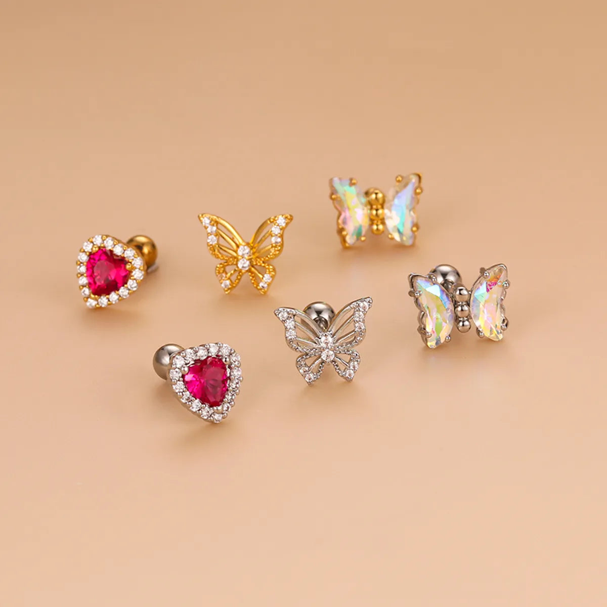 1 Piece Fashion Heart Shape Butterfly Hollow Out Inlay Stainless Steel Copper Zircon Ear Studs