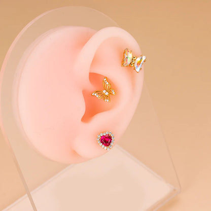 1 Piece Fashion Heart Shape Butterfly Hollow Out Inlay Stainless Steel Copper Zircon Ear Studs