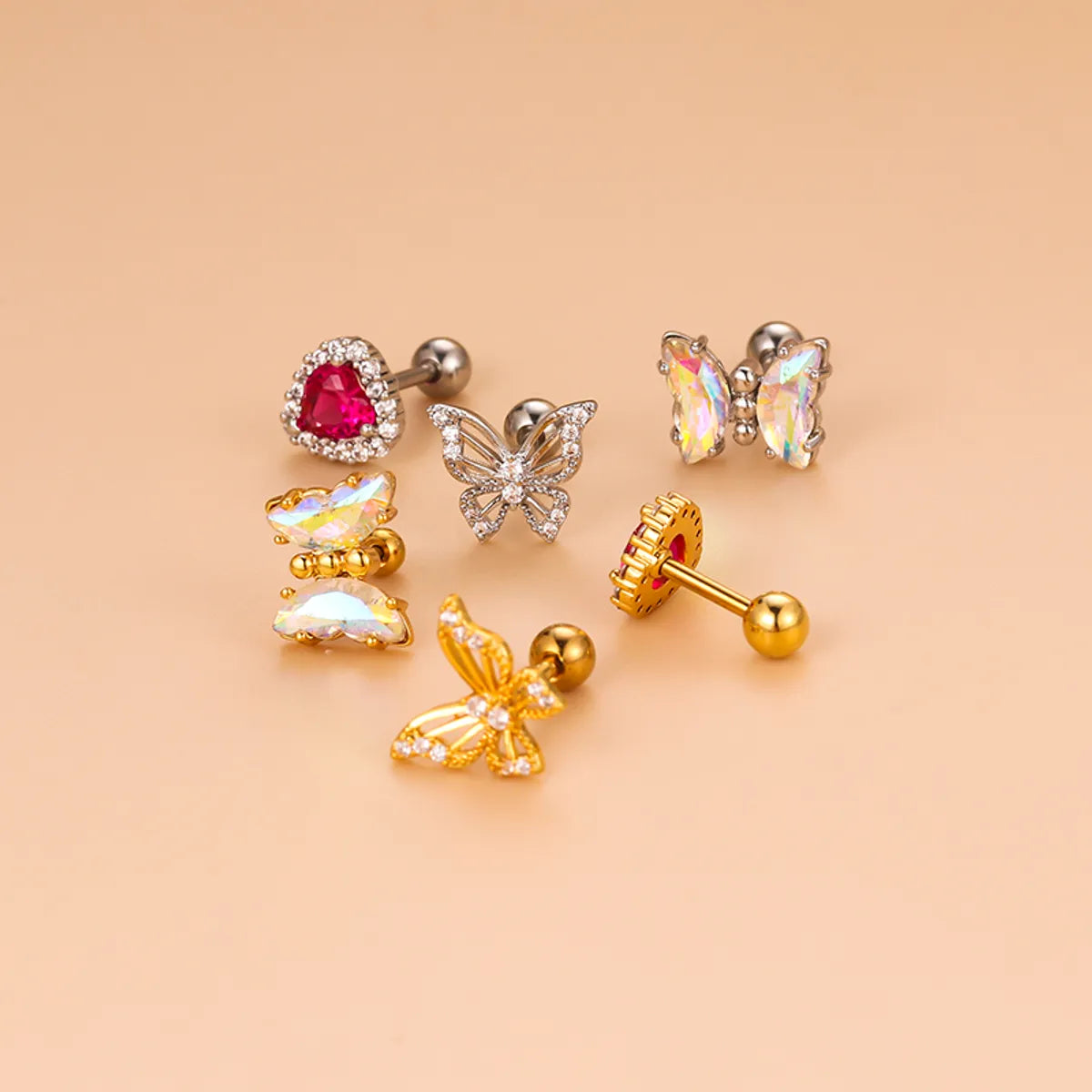 1 Piece Fashion Heart Shape Butterfly Hollow Out Inlay Stainless Steel Copper Zircon Ear Studs