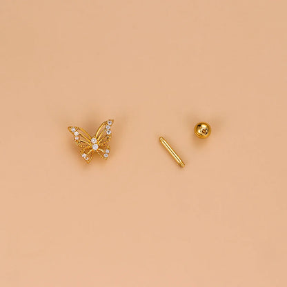 1 Piece Fashion Heart Shape Butterfly Hollow Out Inlay Stainless Steel Copper Zircon Ear Studs