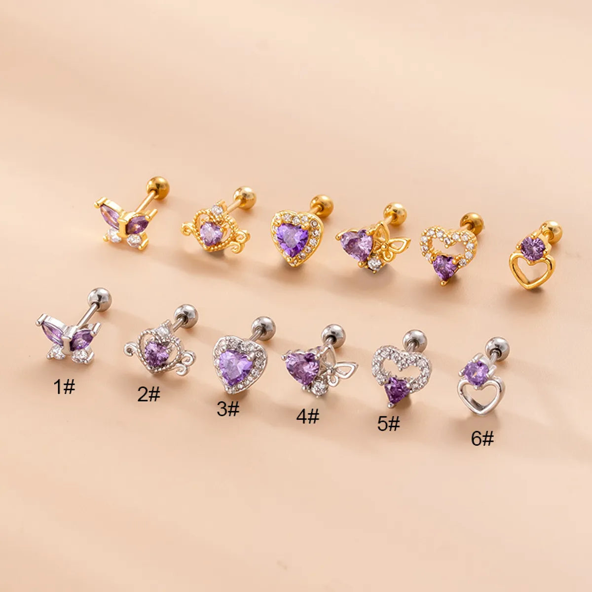 Fashion Heart Shape Butterfly Stainless Steel Ear Studs Plating Zircon Stainless Steel Earrings 1 Piece