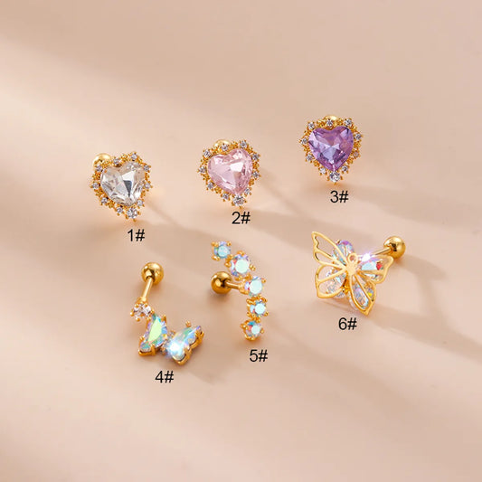 Fashion Heart Shape Butterfly Stainless Steel Inlay Zircon Ear Studs 1 Piece