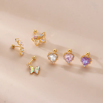 Fashion Heart Shape Butterfly Stainless Steel Inlay Zircon Ear Studs 1 Piece