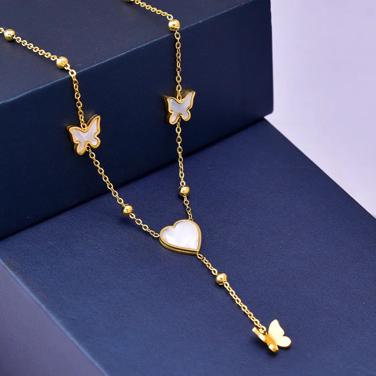 Fashion Heart Shape Butterfly Titanium Steel Inlay Shell Necklace