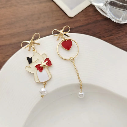 Fashion Heart Shape Cat Bow Knot Alloy Plating Artificial Pearls Women'S Drop Earrings 1 Pair