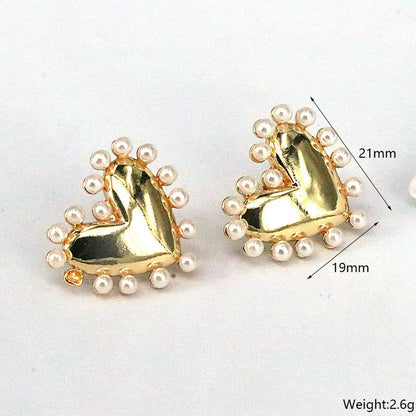 Fashion Heart Shape Copper Gold Plated Inlay Pearl Ear Studs 1 Pair