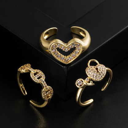 Fashion Heart Shape Copper Gold Plated Zircon Open Ring 1 Piece