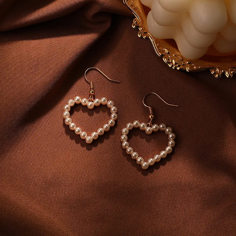 Fashion Heart Shape Copper Inlay Pearl Drop Earrings 1 Pair