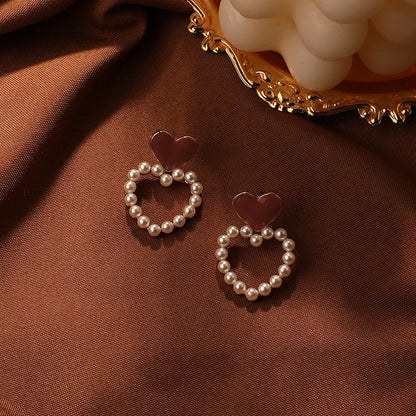 Fashion Heart Shape Copper Inlay Pearl Drop Earrings 1 Pair