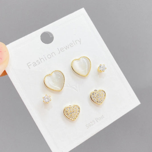 Fashion Heart Shape Copper Inlay Zircon 3 Pairs