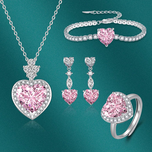 Fashion Heart Shape Copper Plating Zircon Women's Rings Earrings Necklace 1 Set