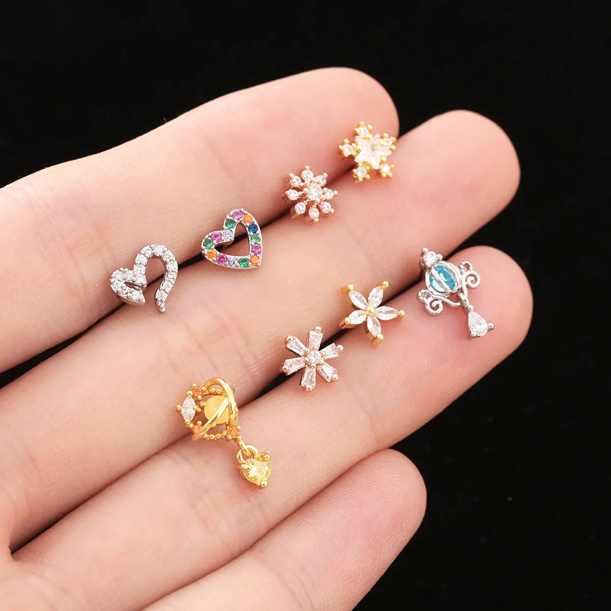 Fashion Heart Shape Flower Stainless Steel Copper Plating Inlay Zircon Ear Studs 1 Piece