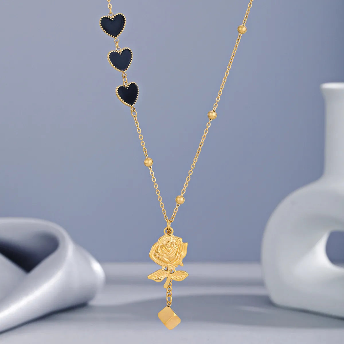 Fashion Heart Shape Flower Stainless Steel Enamel Gold Plated Pendant Necklace 1 Piece