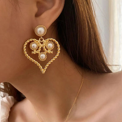 Fashion Heart Shape Imitation Pearl Alloy Hollow Out Women's Drop Earrings 1 Pair