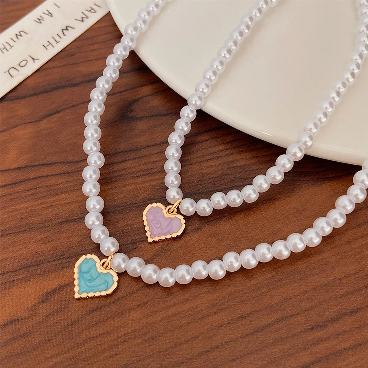 Fashion Heart Shape Imitation Pearl Enamel Pendant Necklace