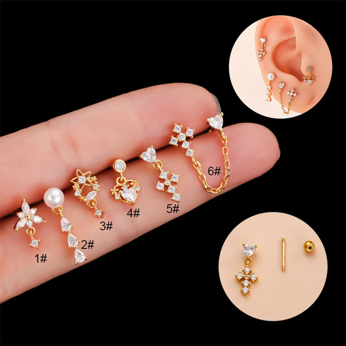 Fashion Heart Shape Metal Plating Inlay Zircon Ear Studs 1 Piece