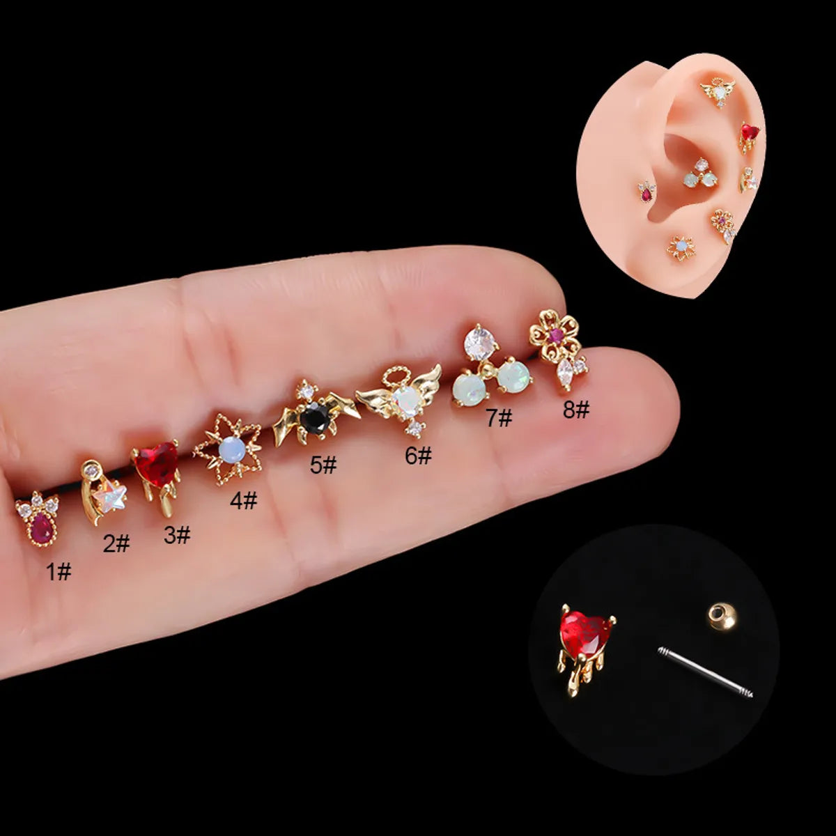 Ear Cartilage Rings & Studs Fashion Heart Shape 316 Stainless Steel  Copper Plating Zircon