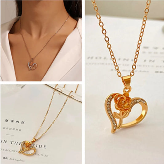 Fashion Heart Shape Rose Alloy Inlay Rhinestones Women'S Pendant Necklace 1 Piece