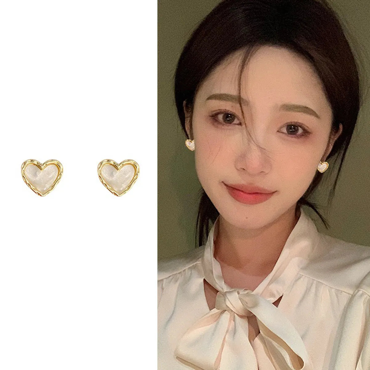 Fashion Heart Shape Shell Alloy Plating Inlay Rhinestones Pearl Women'S Ear Studs 1 Pair